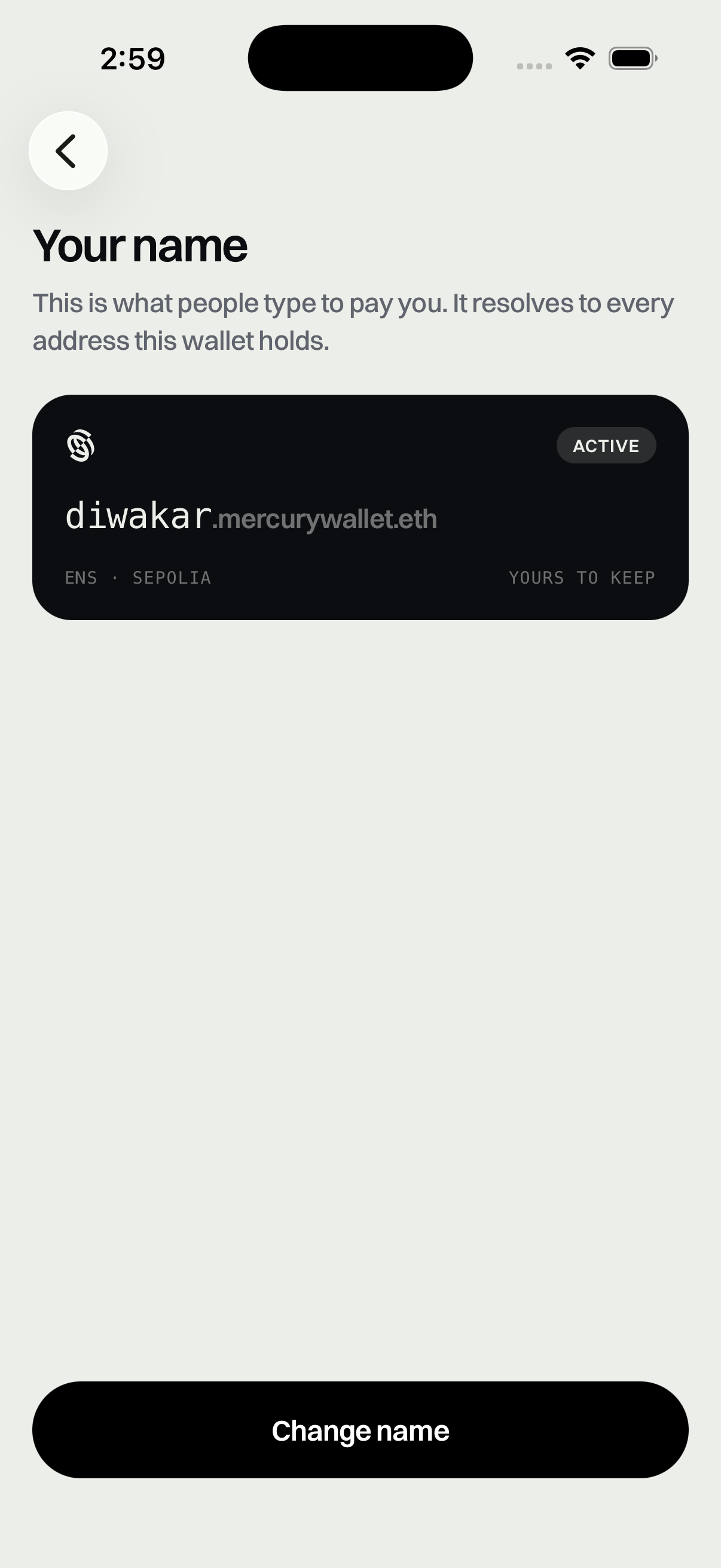 A claimed ENS name, active
