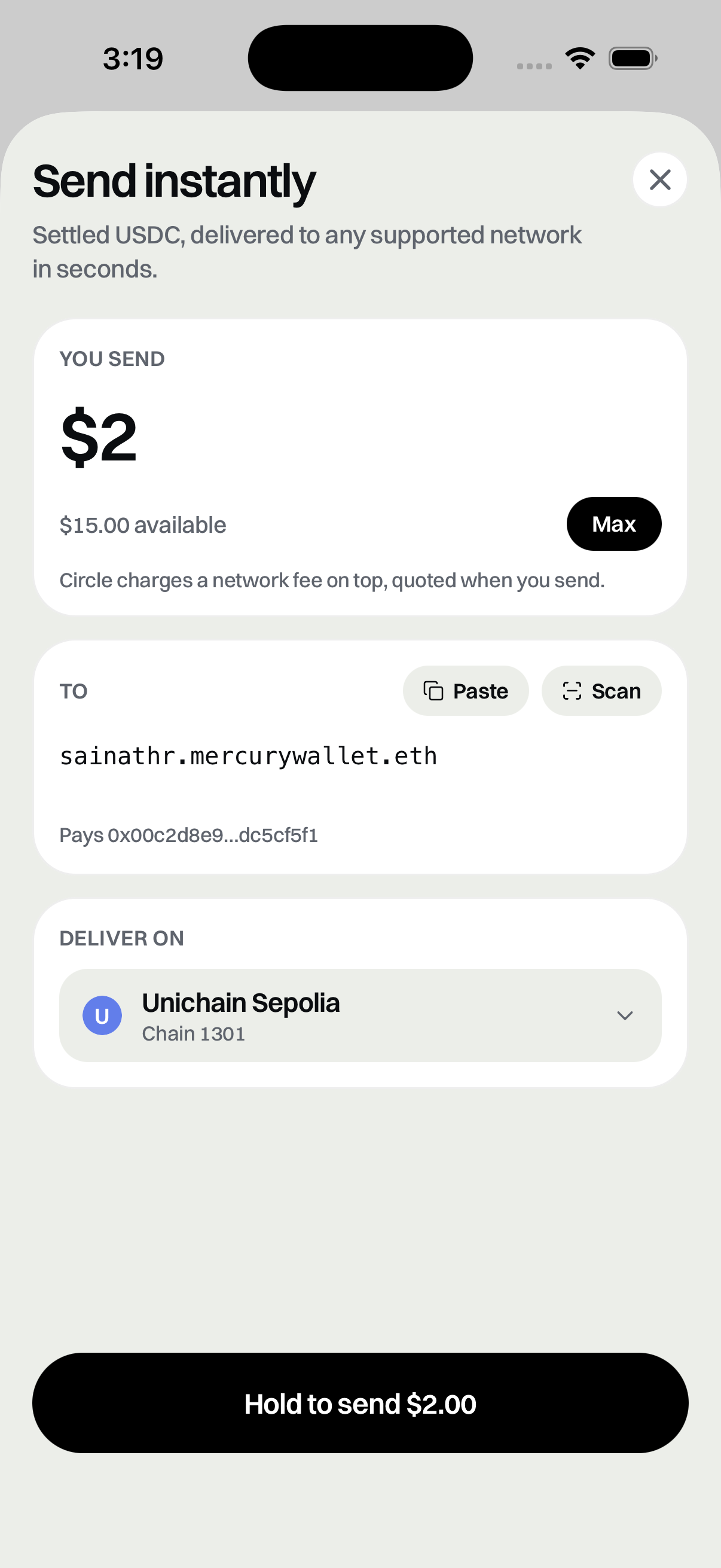 Paying a name, with the resolved address shown