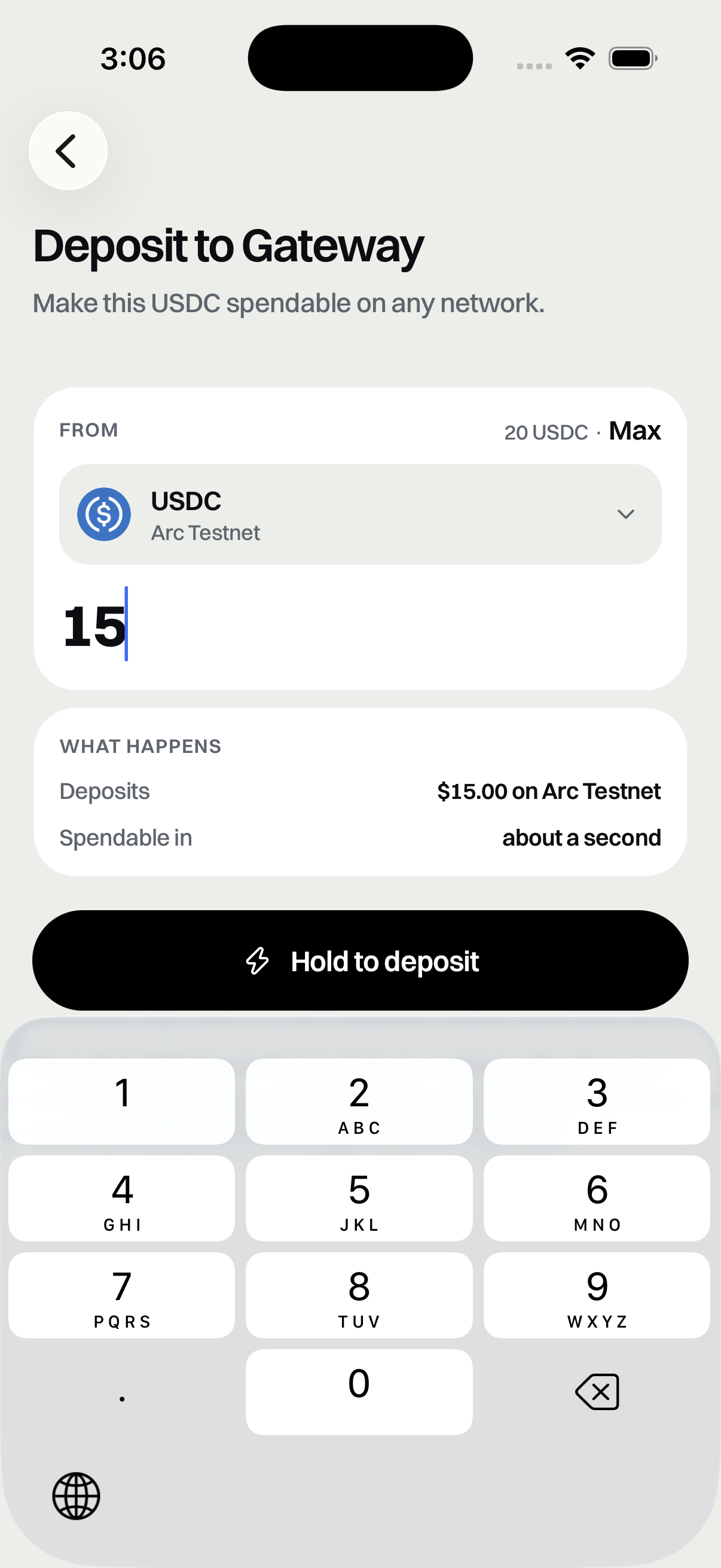 Deposit screen stating amount, chain and time to spendable