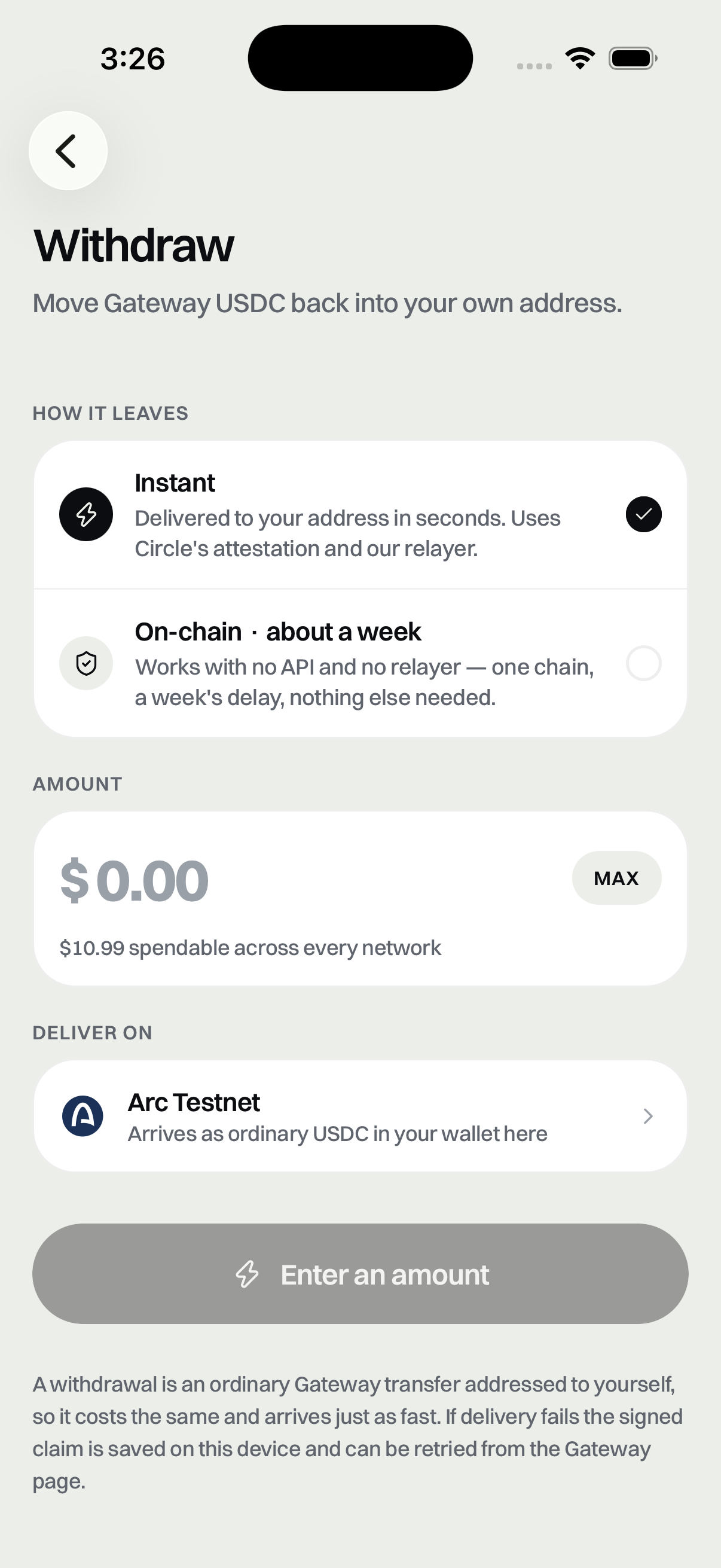 Withdraw screen offering instant or on-chain exit
