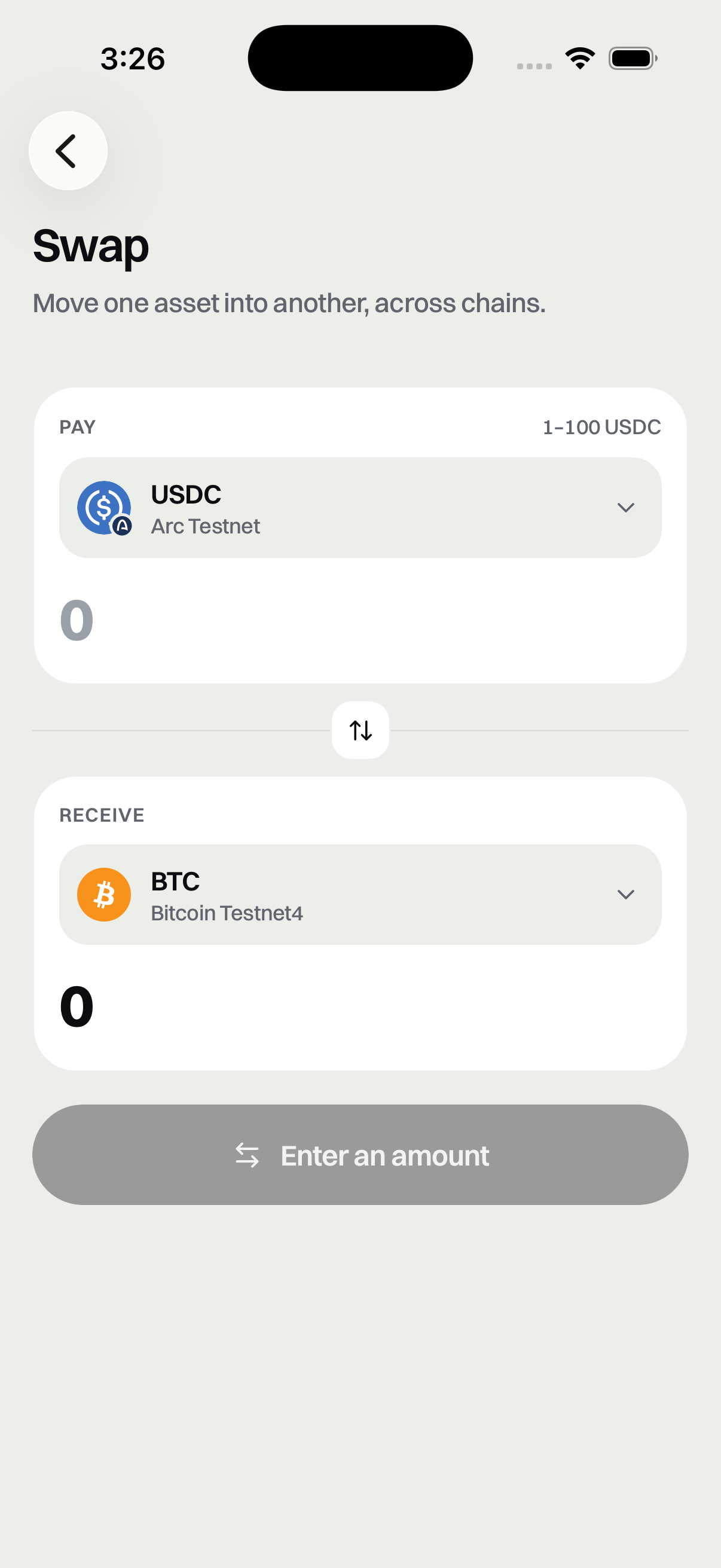 Cross-chain swap from USDC on Arc into BTC